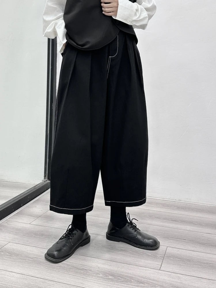 High Elastic Waist Black Topstitched Pleated Wide Leg Pants New Trousers Women Fashion Tide Spring Autumn 2025 1DH1164
