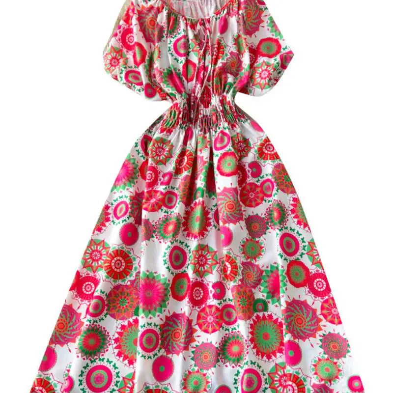 French Retro Women Print Vacation Long Dress 2024 Summer High Waist Round Neck Short Sleeved Lace-up Pleated Dress Bohemian Chic