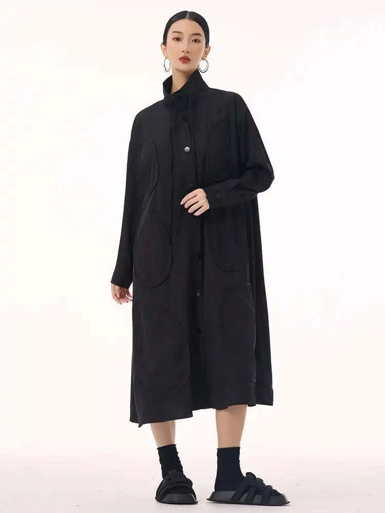 Women Army Green Patch Drawstring Big Size Midi Dress New Stand Collar Long Sleeve Fashion Tide Spring Autumn 2025 1DH9211