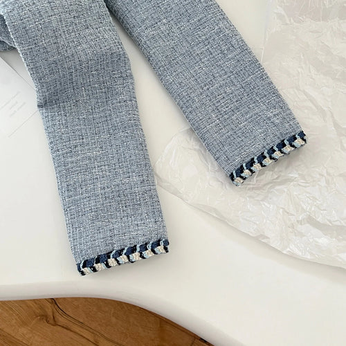 Load image into Gallery viewer, Autumn Winter New Women's Blue Patchwork Woolen Round Neck Long Sleeve Jacket French Temperament Single Breasted Short Tops Coat
