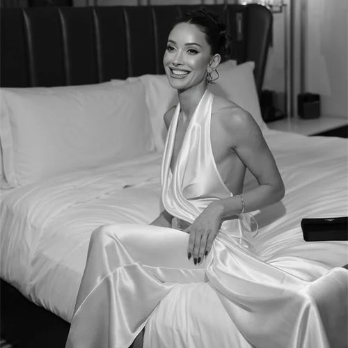 Load image into Gallery viewer, Satin Deep V Neck Backless Sexy Maxi Dress Women Elegant Halter Sleeveless Lace-up High Waist Draped Ruched Long Dress
