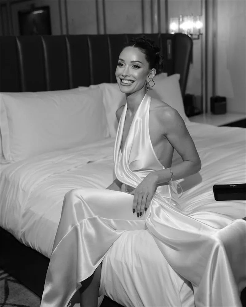 Satin Deep V Neck Backless Sexy Maxi Dress Women Elegant Halter Sleeveless Lace-up High Waist Draped Ruched Long Dress