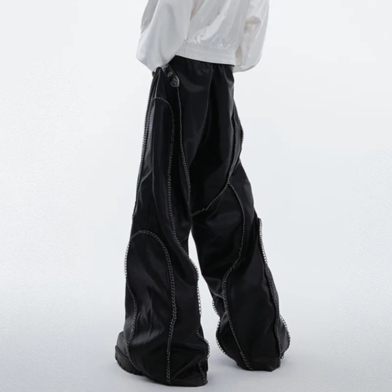 Niche Metal Chain Design Loose PU Leather Pants Casual Solid Color Wide Leg Male Trousers New Fashion Autumn 24E1536