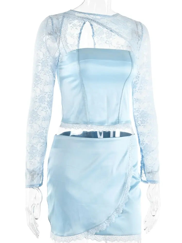 Sexy Lace Sheer Dress Two Piece Suit Women Spliced Skinny Hollow Out Top Mini Skirt Suit Nightclub Party Streetwear