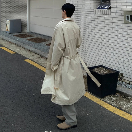 Load image into Gallery viewer, Korean Style Men&#39;s Windbreaker Turn-down Collar Casaul Lace-up Overknee Single Breasted Solid Color Male Long Trench 9C7632
