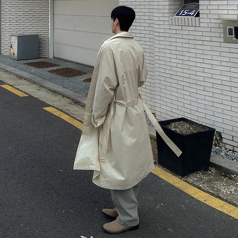 Korean Style Men's Windbreaker Turn-down Collar Casaul Lace-up Overknee Single Breasted Solid Color Male Long Trench 9C7632