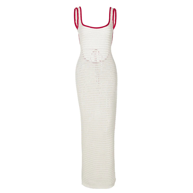 Hollow Out Backless Knit Maxi Dress For Women White Spaghetti Strap Sleeveless Bodycon Club Party Sexy Knitted Dress