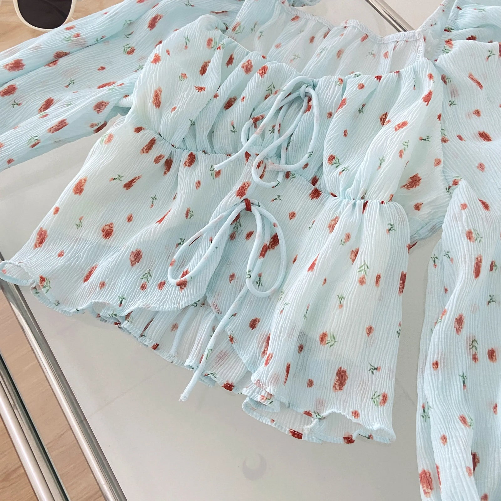 French Vintage Women's Blue Strawberry Print Blouse Spring Autumn Flared Long Sleeves Square Neck Ladies Lace-up Short Shirt New