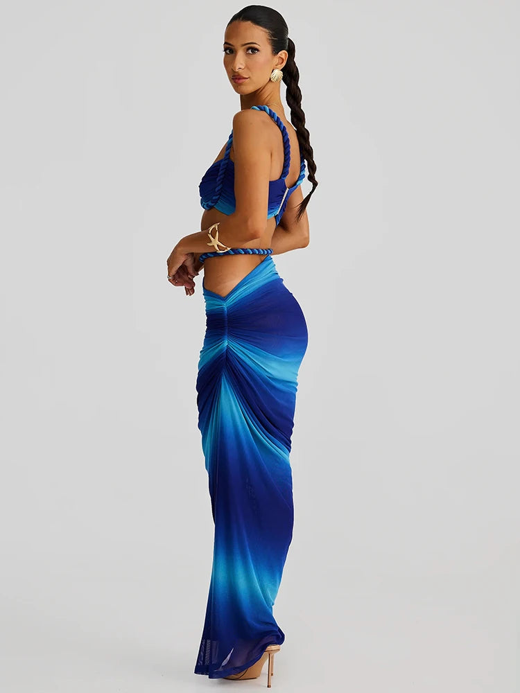 Summer Beach Sexy Two Piece Sets Women Strapless Crop Tops And Maxi Skirt Female Elegant Vacation Club 2 Piece Set