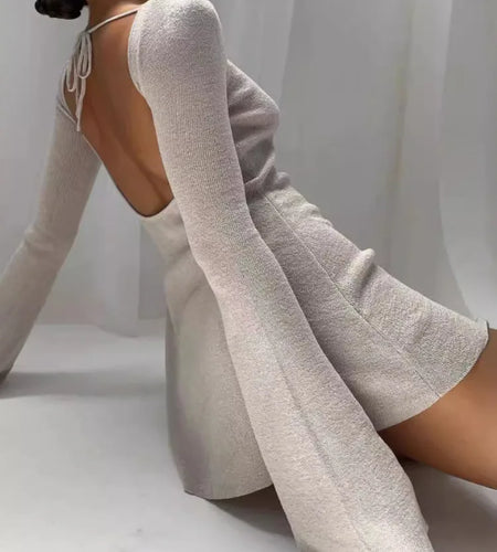 Elegant Long Sleeved Knitted Lace Up Dress Women Sexy Solid Color Backless Knitted Mini Skirt Dress Fashion Streetwear