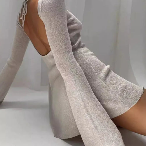 Load image into Gallery viewer, Elegant Long Sleeved Knitted Lace Up Dress Women Sexy Solid Color Backless Knitted Mini Skirt Dress Fashion Streetwear
