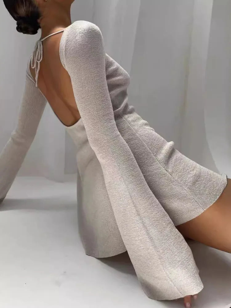 Elegant Long Sleeved Knitted Lace Up Dress Women Sexy Solid Color Backless Knitted Mini Skirt Dress Fashion Streetwear