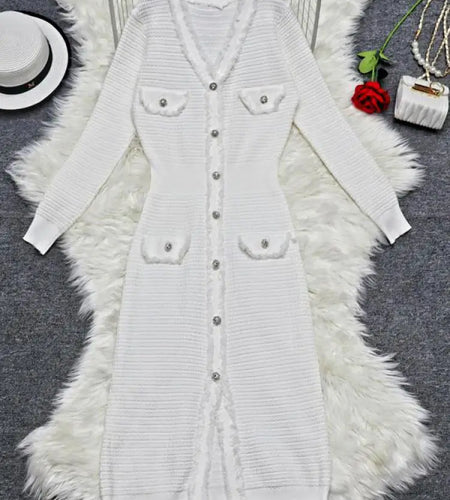 Autumn 2024 New Fashion White V-neck Long Sleeve Single Breasted Knit Long Dress Women Black Temperament Elegant Office Dresses