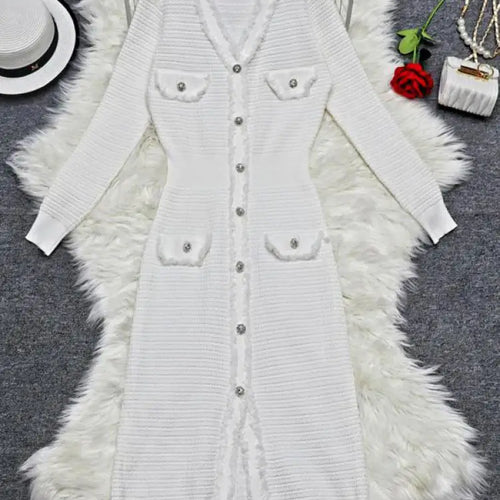 Load image into Gallery viewer, Autumn 2024 New Fashion White V-neck Long Sleeve Single Breasted Knit Long Dress Women Black Temperament Elegant Office Dresses
