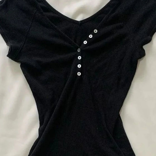 Load image into Gallery viewer, Y2k Aesthetic Fashion Button T-shirt Grunge Solid Short Sleeve Tshirts Kpop Streetwer Chic Designer Clothes Sexy Slim Tee Shirt
