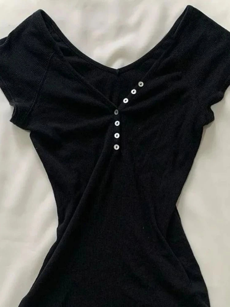 Y2k Aesthetic Fashion Button T-shirt Grunge Solid Short Sleeve Tshirts Kpop Streetwer Chic Designer Clothes Sexy Slim Tee Shirt