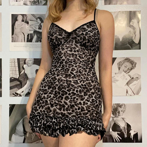 Load image into Gallery viewer, Strap Vintage Y2K Leopard Sexy Dress Women Lace Trim Ruffles Chic Summer Party Dresses Mini 2000s Aesthetic Sundress
