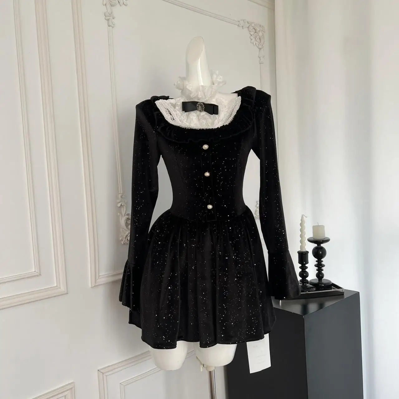 Women New Black Lace Long Sleeve Ruffles Pleated Princess Dress Autumn Winter Red High Waist Elegant Birthday Party Short Dress