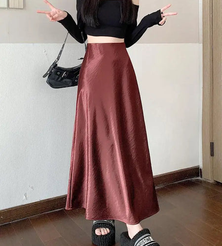 Korean Elegant Black Red Long Skirt Women Autumn Winter Brown High Waist Office Ladies Slim Straight Fishtail Skirt Trend Simple
