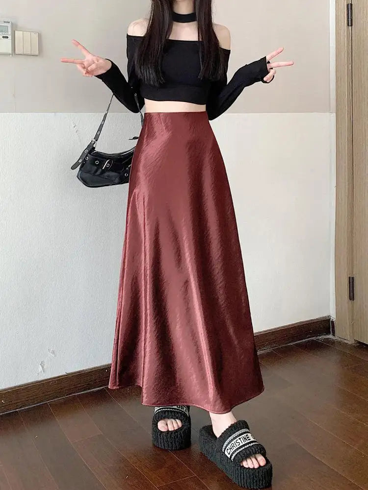 Korean Elegant Black Red Long Skirt Women Autumn Winter Brown High Waist Office Ladies Slim Straight Fishtail Skirt Trend Simple