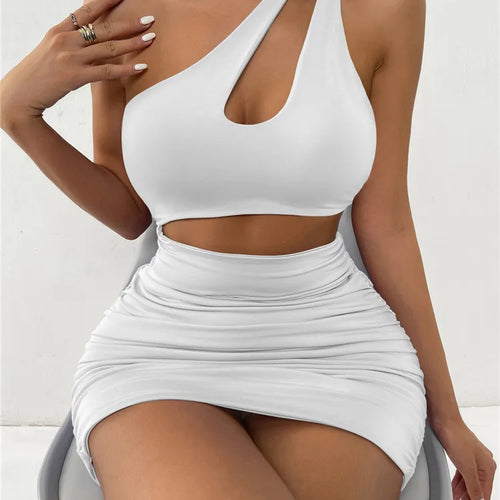 Load image into Gallery viewer, One-shoulder Sexy Cut Out Skinny Dresses Women Double Layer Shirred Backless Club Party Dress Ladies Fashion Clothing
