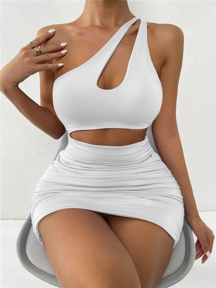 One-shoulder Sexy Cut Out Skinny Dresses Women Double Layer Shirred Backless Club Party Dress Ladies Fashion Clothing