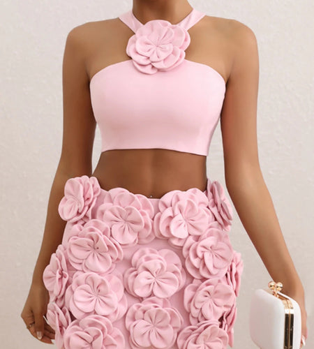 Solid Spliced Appliques Two Piece Set For Women Halter Sleeveless Top High Waist Mini Slimming Skirt Sets Female