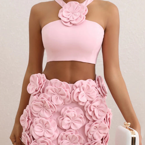 Load image into Gallery viewer, Solid Spliced Appliques Two Piece Set For Women Halter Sleeveless Top High Waist Mini Slimming Skirt Sets Female
