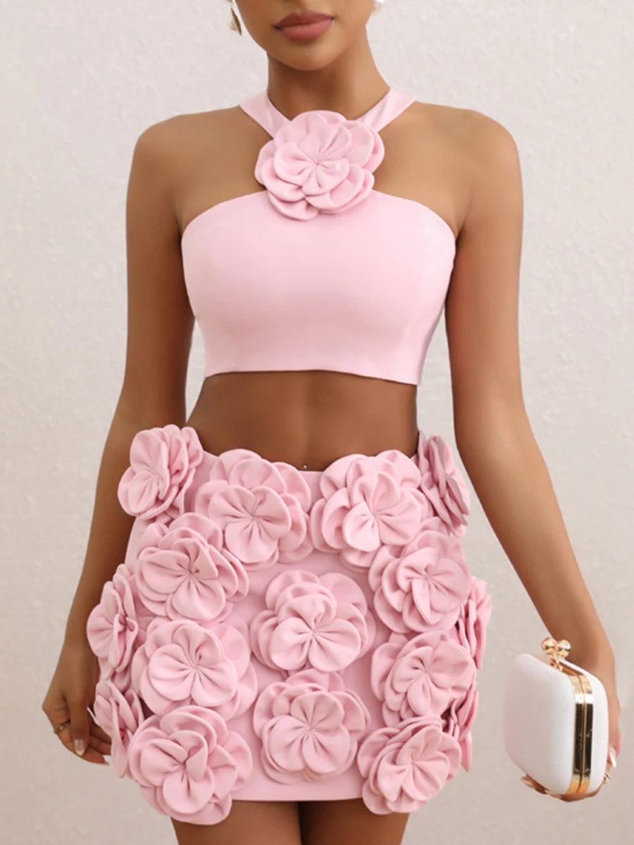 Solid Spliced Appliques Two Piece Set For Women Halter Sleeveless Top High Waist Mini Slimming Skirt Sets Female