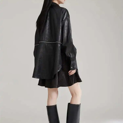 Load image into Gallery viewer, Women Black Zipper 2 Ways Wear Big Size Blouse New V-neck Long Sleeve Shirt Fashion Tide Spring Autumn 2025 1DH8012
