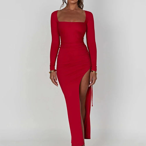 Load image into Gallery viewer, Long Sleeve Ruched High Split Maxi Dress Women Square Collar Drawstring Bodycon Sexy Party Long Dress Elegant Autumn
