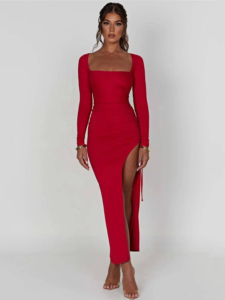 Long Sleeve Ruched High Split Maxi Dress Women Square Collar Drawstring Bodycon Sexy Party Long Dress Elegant Autumn