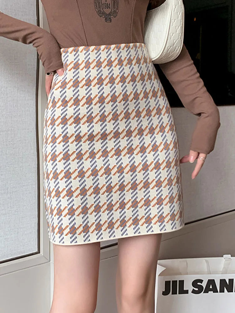 Houndstooth Print Knitted Skirts Women Spring Fashion High Waist Bodycon Mini Skirt Female B-008