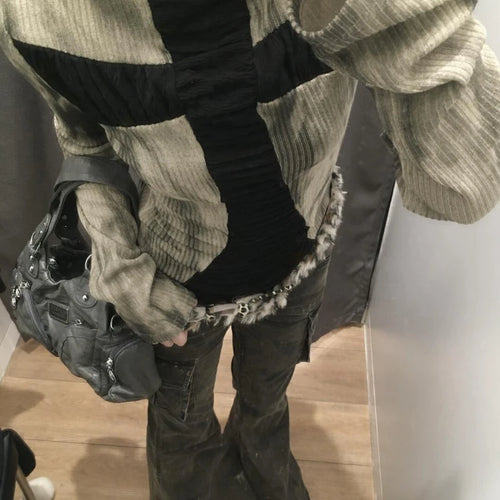 Load image into Gallery viewer, Y2k Aesthetic Cross Patchwork Shirts Femme Harajuku Grunge Half High Collar Women's T-shirt Streetwear Casual Tie-dye Tees
