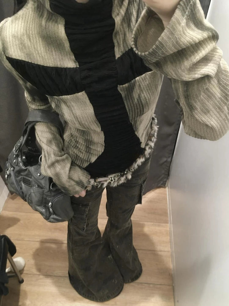 Y2k Aesthetic Cross Patchwork Shirts Femme Harajuku Grunge Half High Collar Women's T-shirt Streetwear Casual Tie-dye Tees