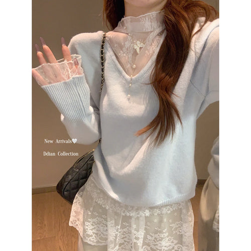 Load image into Gallery viewer, Autumn Winter New Solid Patchwork Lace Long Sleeved Knit Sweater Vintage Elegant Festival Half High Neck Pullover Slim Top Women
