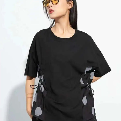 Load image into Gallery viewer, Women Black Dot Printed Color-block Big Size T-shirt New Round Neck Short Sleeve Fashion Tide Spring Summer 2025 1DH5058
