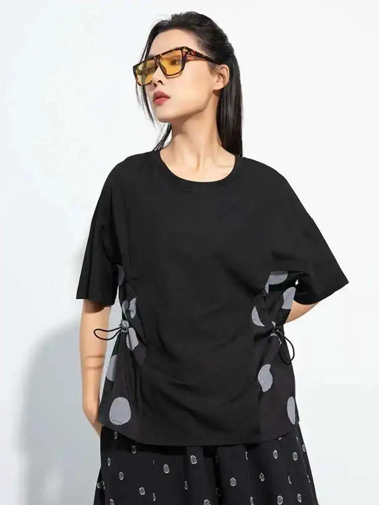 Women Black Dot Printed Color-block Big Size T-shirt New Round Neck Short Sleeve Fashion Tide Spring Summer 2025 1DH5058