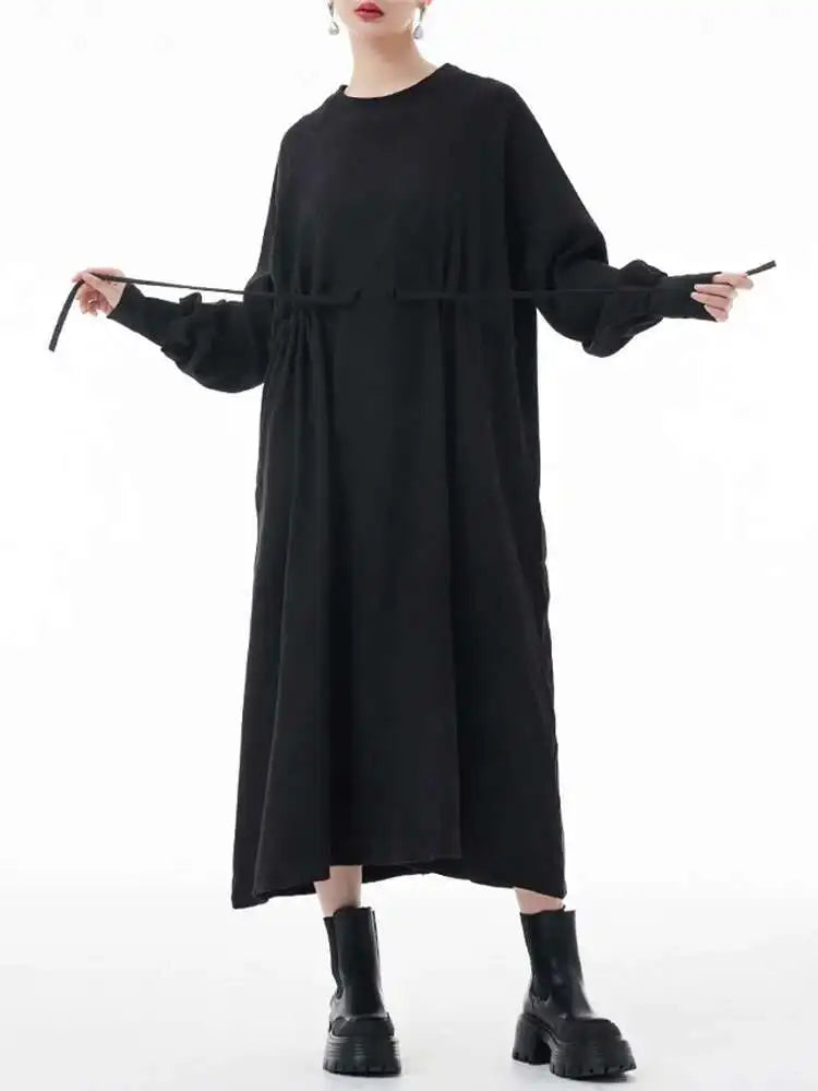 Women Army Green Big Size A-line Long Dress New Round Neck Long Sleeve Loose Fashion Tide Spring Autumn 2025 1DH3874