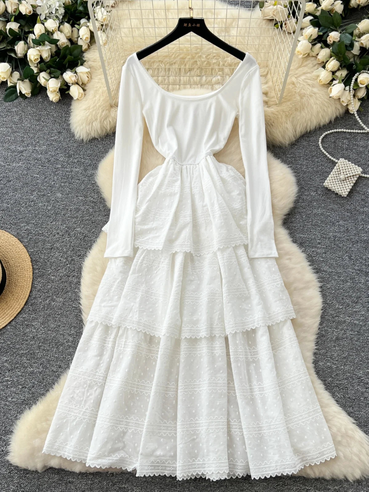 Korean Fashion Women White Embroidered Elegant Long Sleeved Pleated Cake Dress Spring Round Neck High Waist Vacation Party Dress