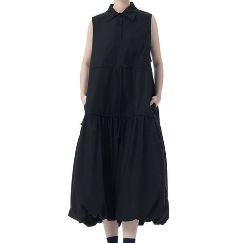 Load image into Gallery viewer, Women Black Brief Pleated Big Size Midi Bud Shirt Dress New Lapel Sleeveless Fashion Tide Spring Autumn 2025 1DJ0955
