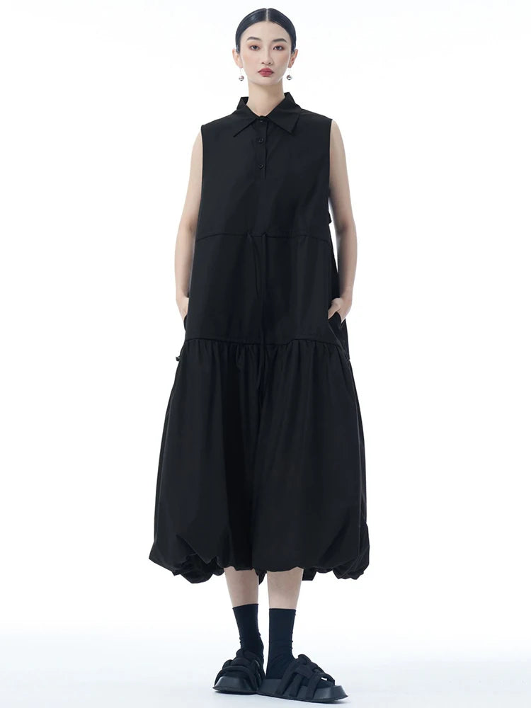 Women Black Brief Pleated Big Size Midi Bud Shirt Dress New Lapel Sleeveless Fashion Tide Spring Autumn 2025 1DJ0955