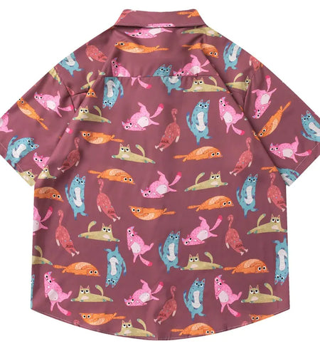 Hawaiian Shirts Streetwear Funny Cartoon Cat Graphic Printed Button Blouse Hip Hop Harajuku Baggy Short Sleeve Summer Beach Tops