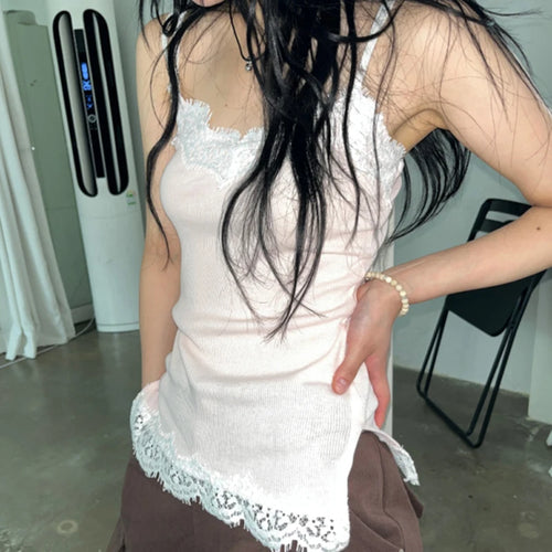 Load image into Gallery viewer, Strap Pink Knit Summer Camis Tops Sweet Y2K Aesthetic Lace Spliced Slim Women Top Sleeveless Coquette Clothes Tanks
