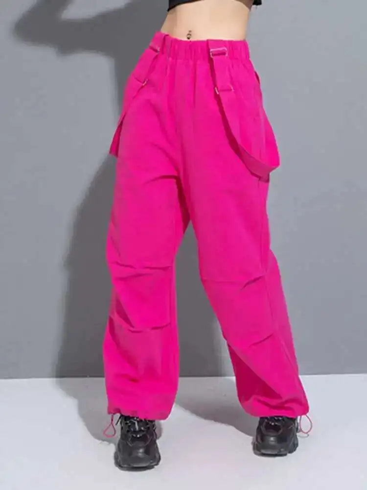 High Elastic Waist Rose Red Long Pocket Overalls Pants New Loose Fit Trousers Women Fashion Spring Autumn 2025 1DH0996