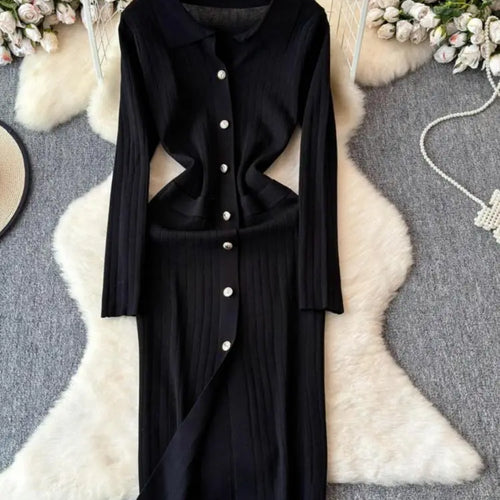 Load image into Gallery viewer, Autumn 2024 New Women's Solid Single Breasted Knitted Long Dress French Elegant Office Lady Long Sleeve Dress Simplicity Popular
