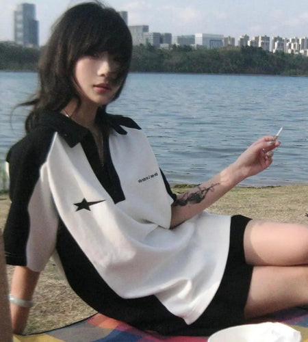 Streetwear BF Tshirts Women 2024 Ropa Mujer Contrast Color Short Sleeve Tees Oversized Tops Casual Fashion Zipper Y2k T Shirts