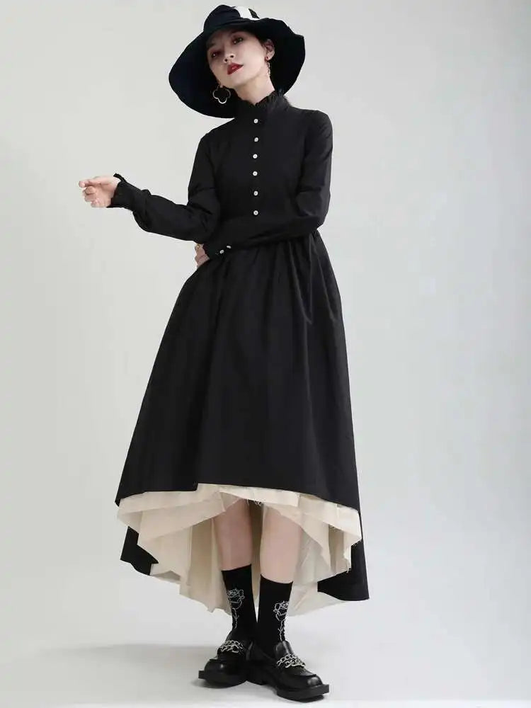 Women Black Layers Irregular Long Elegant Dress New Stand Collar Long Sleeve Fashion Tide Spring Autumn 2025 1DH9894