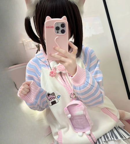 Japanese Stripe Patchwork Cardigans Women Y2k Aesthetic Cartoon Embroidery Sweater Streetwear Hooded Grunge Loose Zipper Coats