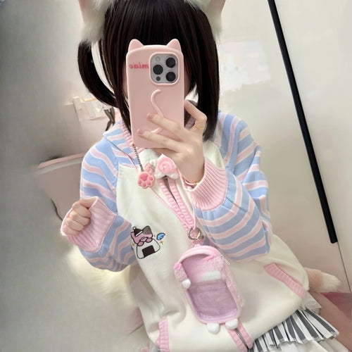 Load image into Gallery viewer, Japanese Stripe Patchwork Cardigans Women Y2k Aesthetic Cartoon Embroidery Sweater Streetwear Hooded Grunge Loose Zipper Coats
